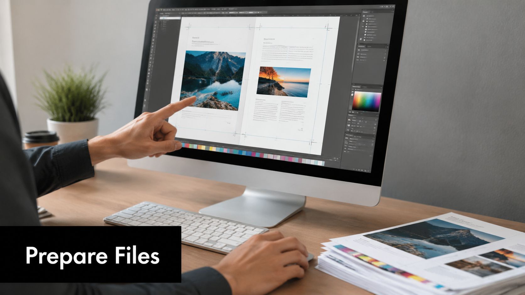 A graphic designer editing a document layout on a computer screen for professional print production.