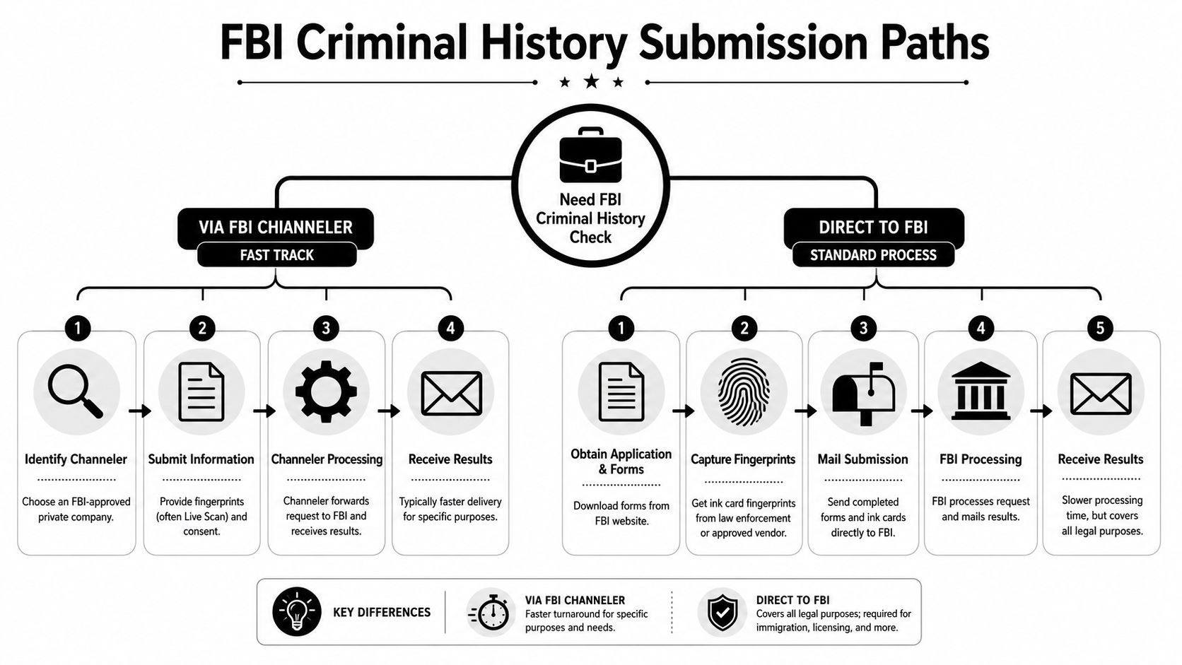 An infographic detailing two methods for obtaining an FBI criminal history check: via channeler or directly.