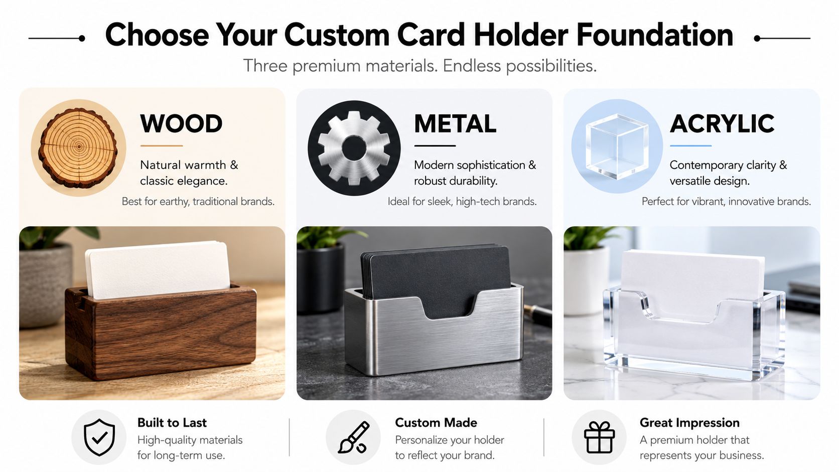 Three options for custom business card holders displayed in wood, metal, and acrylic for professional branding.