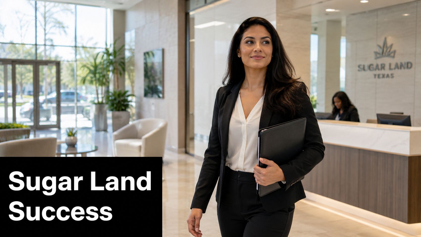 A professional woman walks through a modern corporate office lobby while holding a business folder.