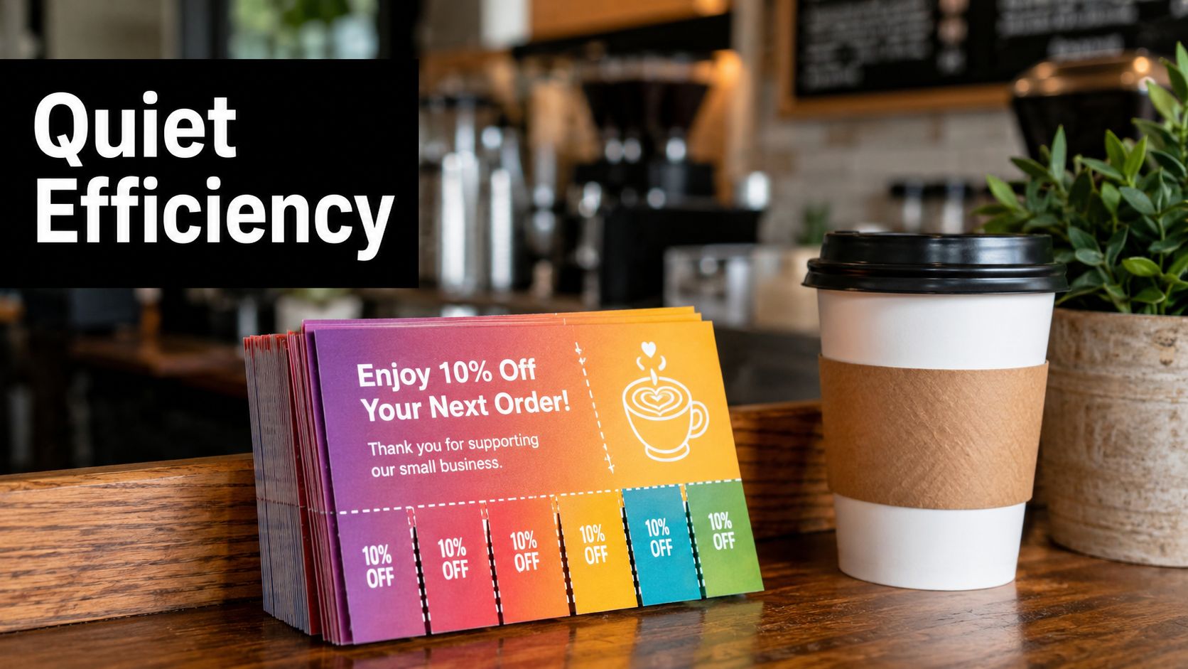 A stack of colorful perforated discount cards sitting next to a coffee cup on a wooden counter.