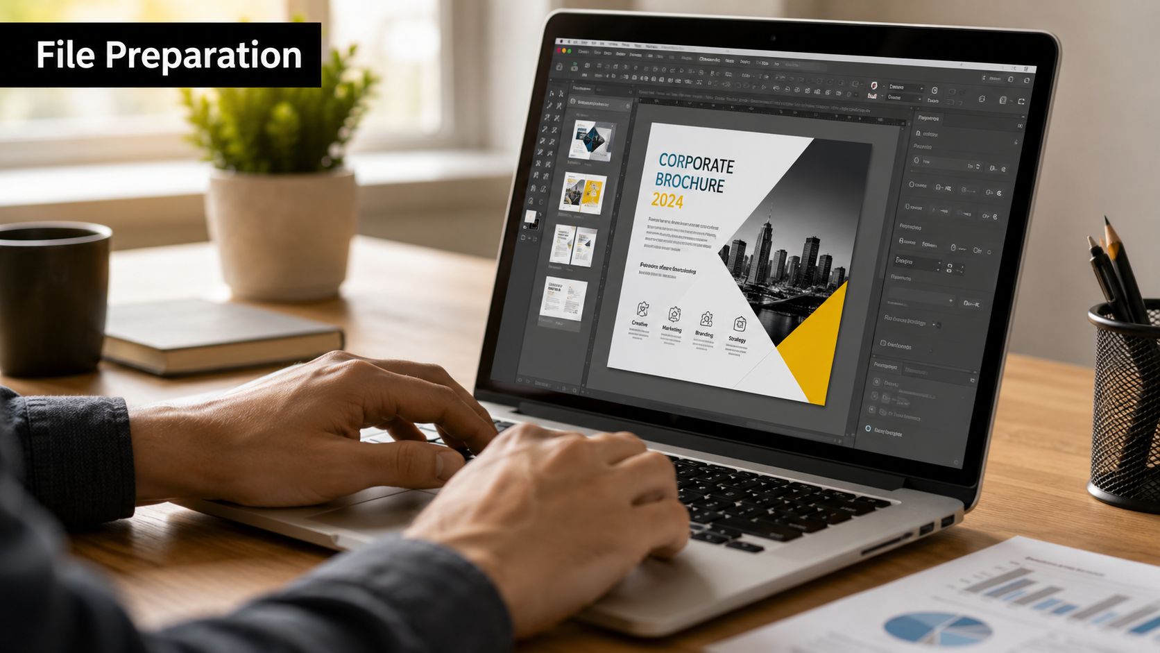 A designer working on a corporate brochure layout on a laptop computer at a wooden desk.