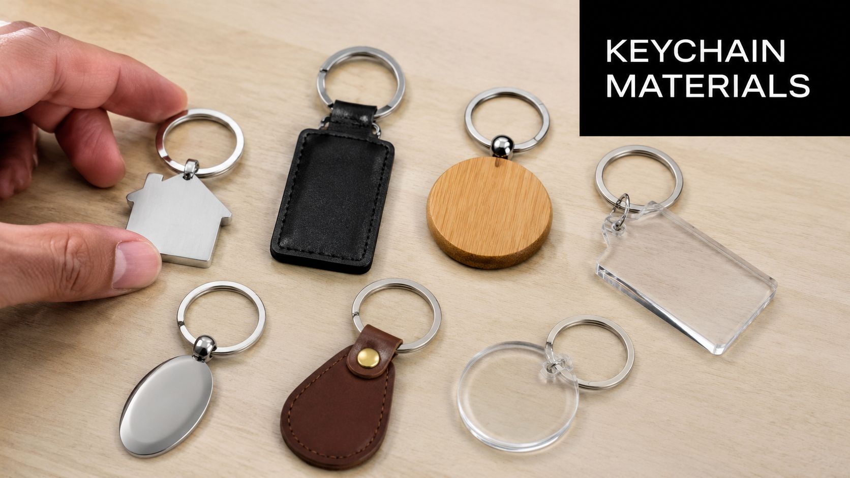 A hand holding a house-shaped metal keychain next to various other keychains made of leather, wood, and acrylic.