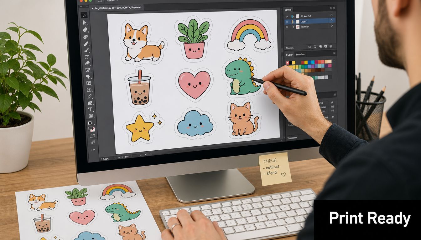 A graphic designer editing cute animal and plant sticker illustrations on a computer screen for print.