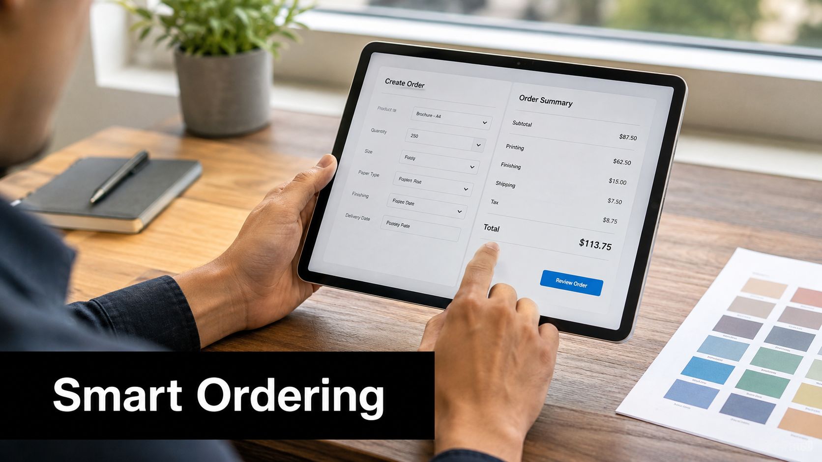 A person using a tablet to configure a brochure printing order through an online design portal.
