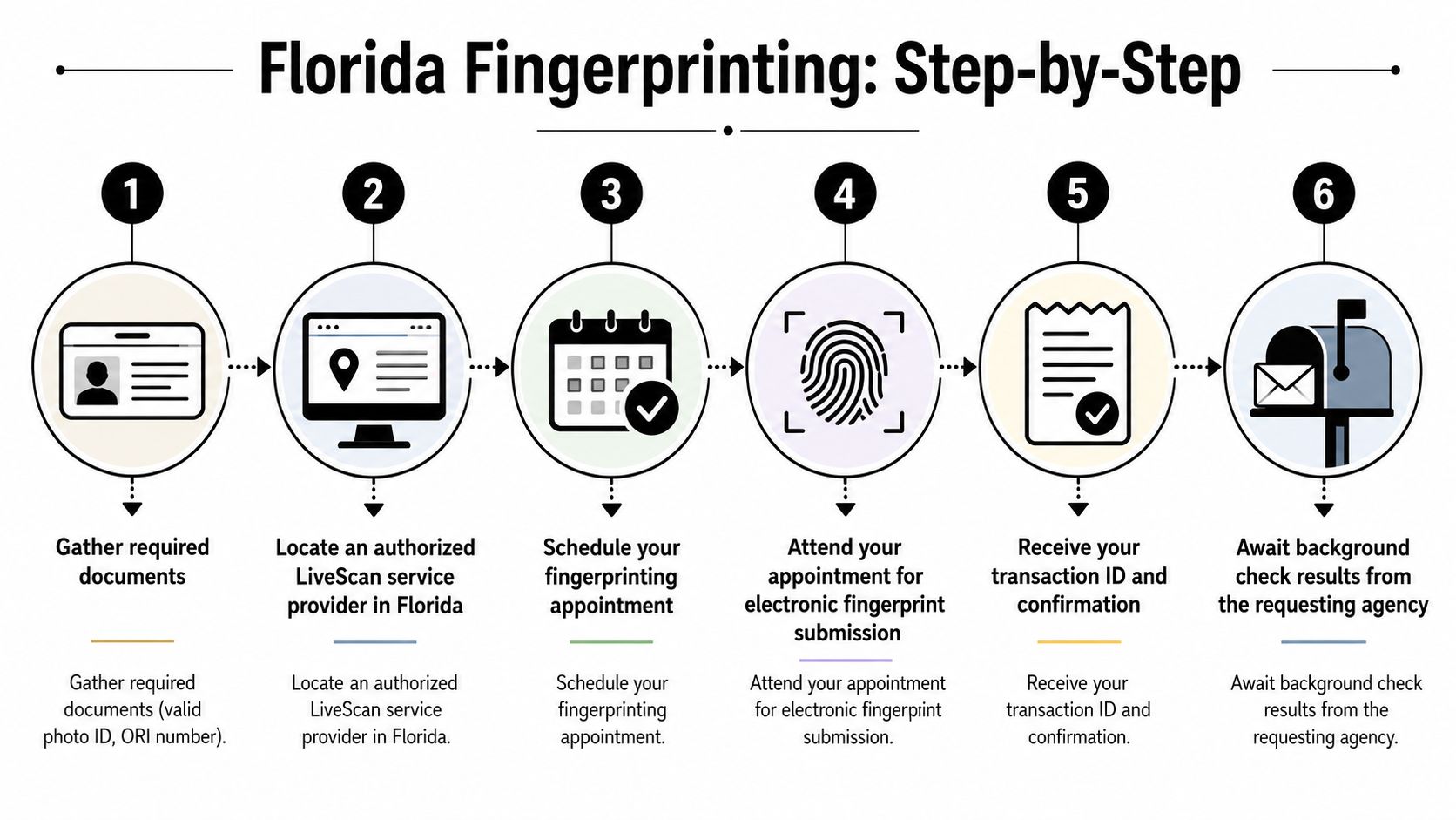 A six-step infographic illustrating the process of getting fingerprinting and background checks done in Florida.