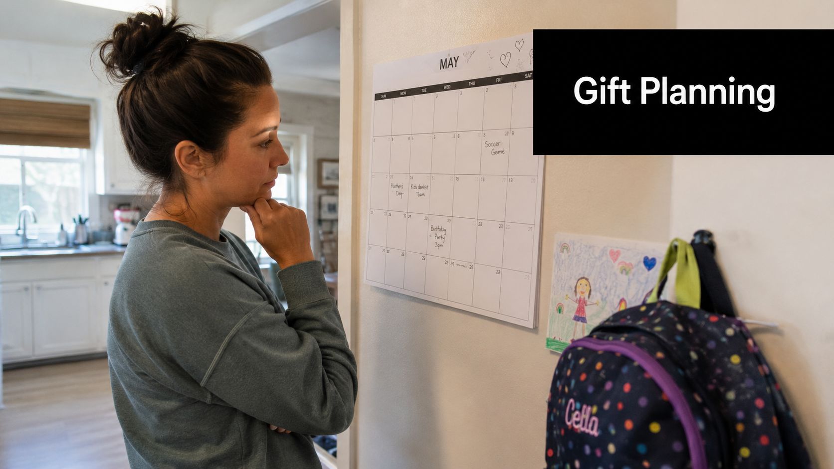 A woman looks thoughtfully at a wall calendar while planning upcoming events and gift ideas.