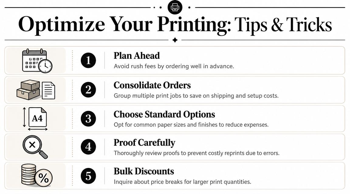 An infographic titled Optimize Your Printing: Tips & Tricks, displaying five numbered steps for cost-effective printing.