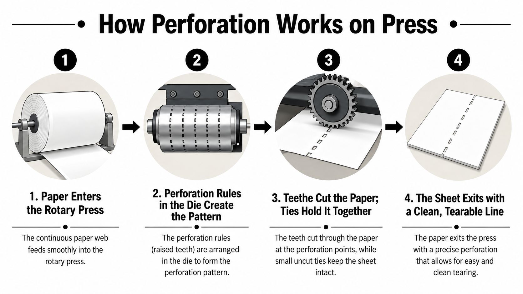 A four-step diagram illustrating the mechanical process of how paper is perforated on a rotary press machine.