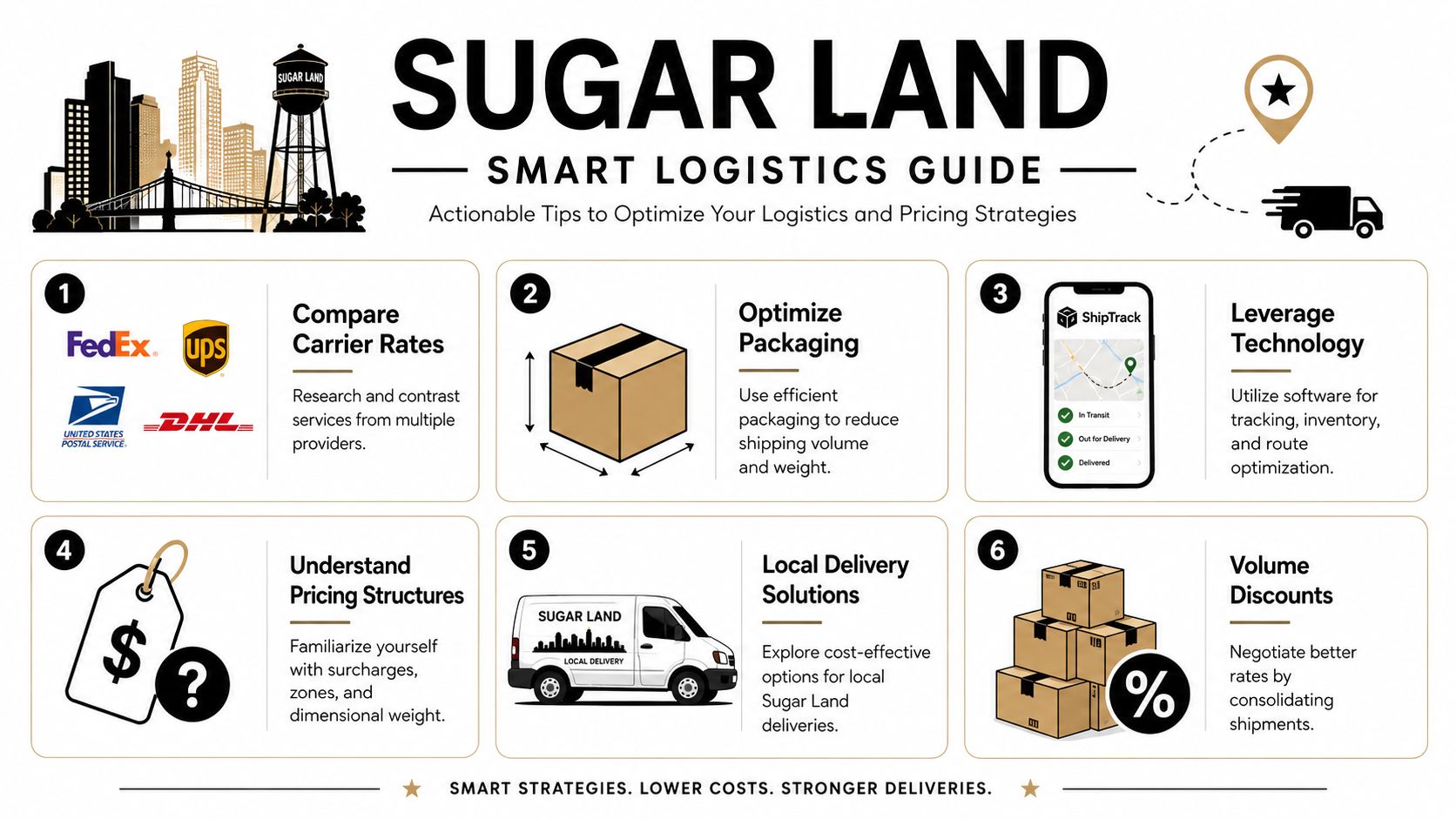 An infographic titled Sugar Land Smart Logistics Guide displaying six tips for optimizing shipping and delivery strategies.