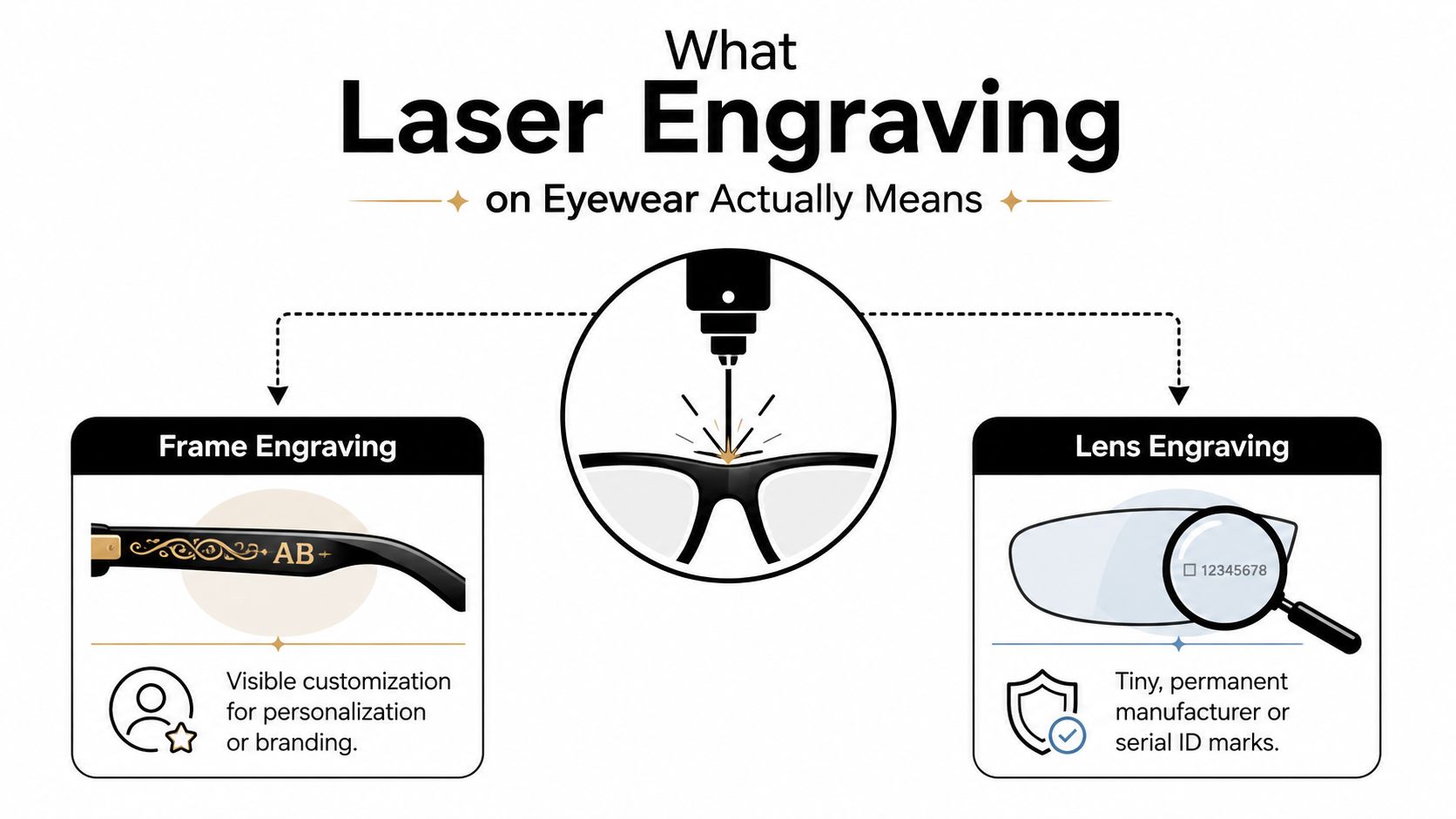 An infographic explaining laser engraving on eyewear, showing both frame customization and microscopic lens serial ID marking.