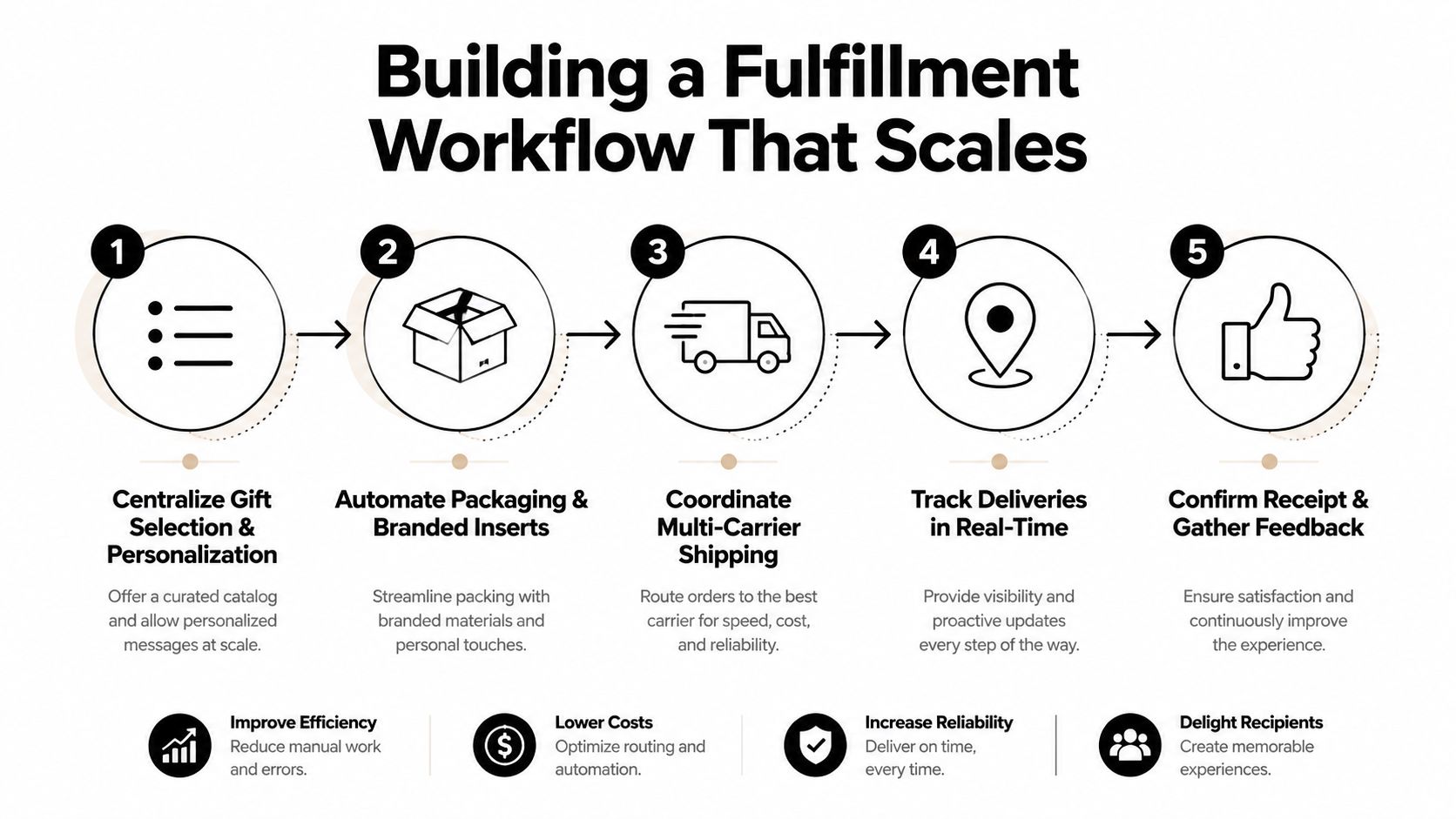A five-step infographic showing the corporate gift fulfillment workflow, from selection and packaging to delivery tracking.