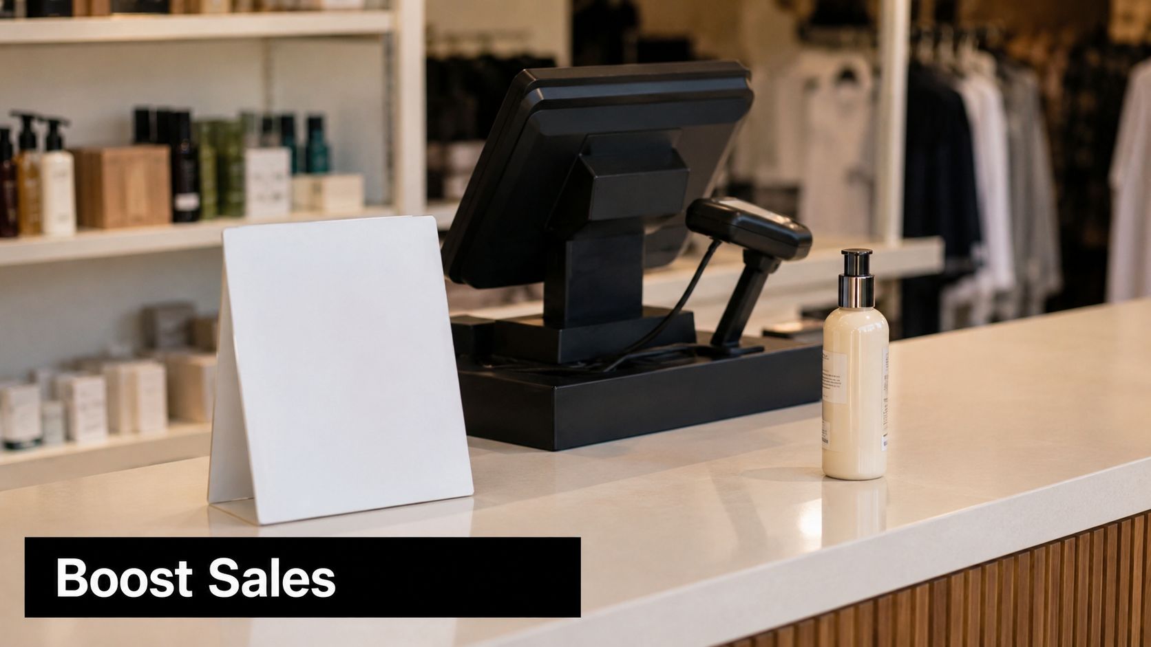 A blank easel back sign sits on a clean store checkout counter next to a pump bottle.