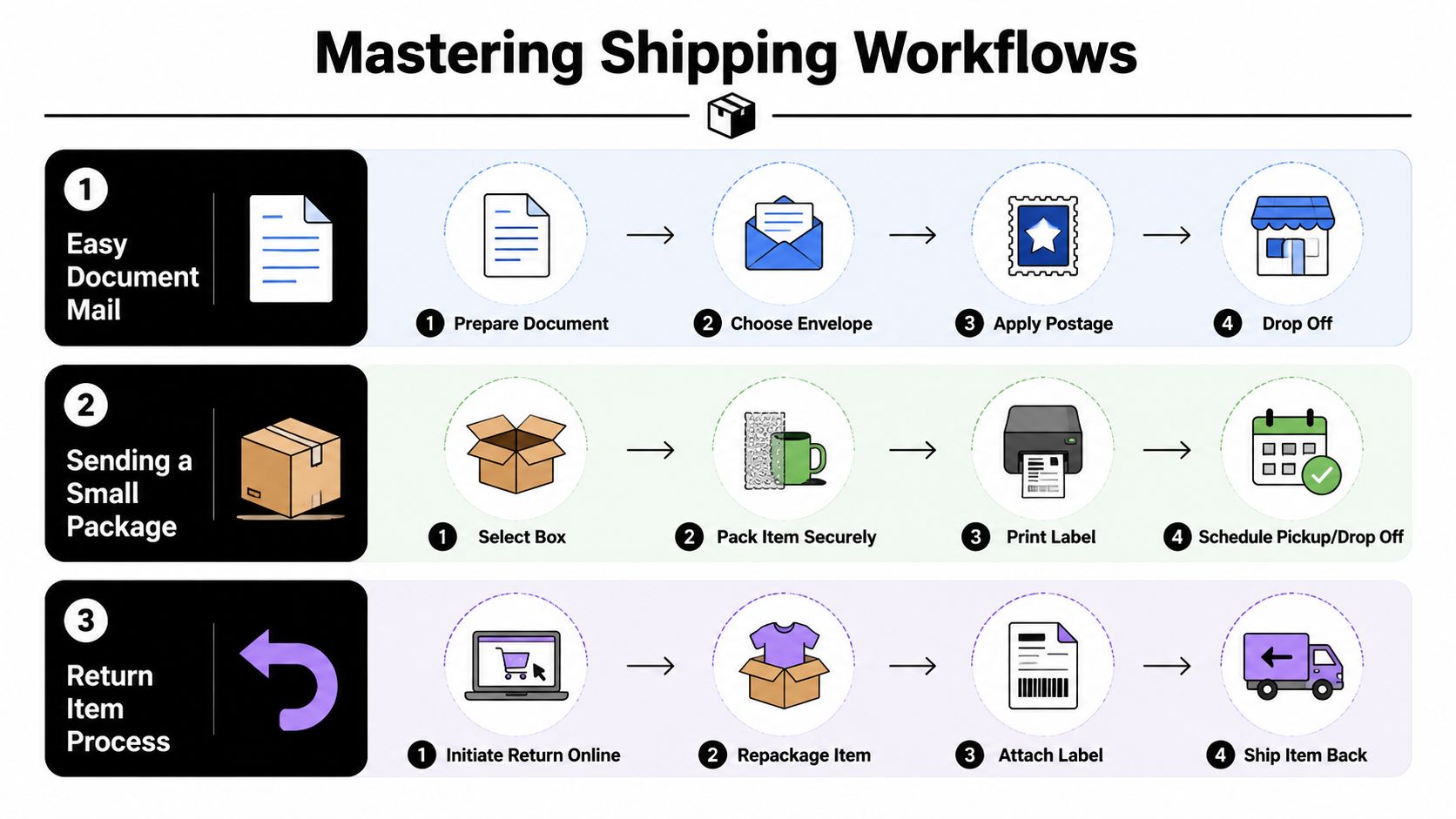 An infographic detailing three common shipping workflows for mail, packages, and product returns.