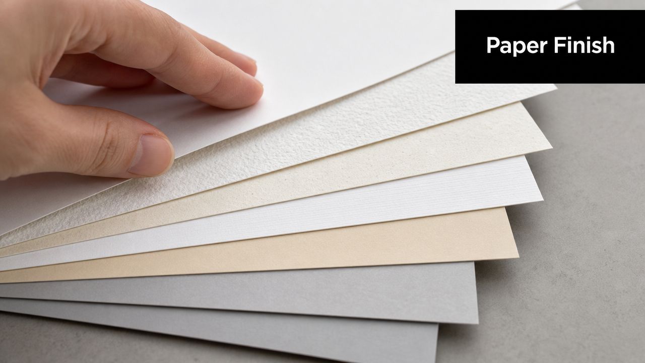 A hand selecting from a variety of paper texture samples for professional high-quality postcard printing projects.
