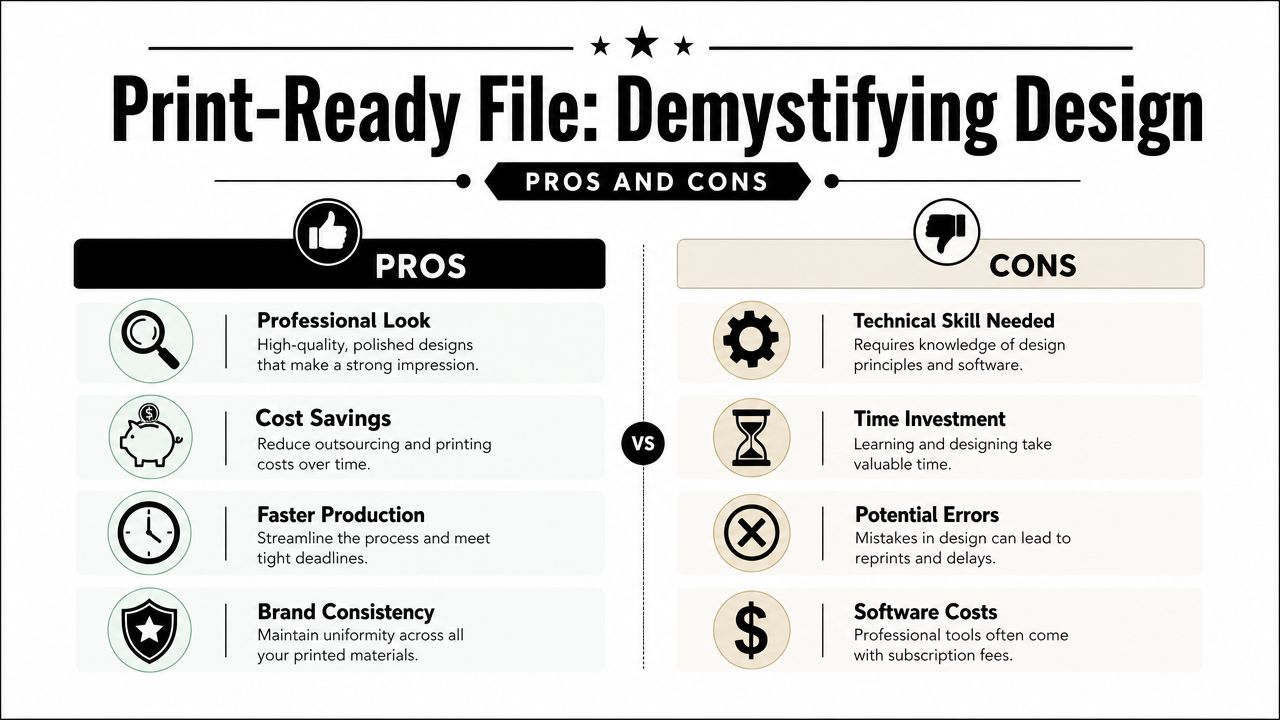 An infographic titled Print-Ready File Demystifying Design, comparing the pros and cons of creating professional designs.