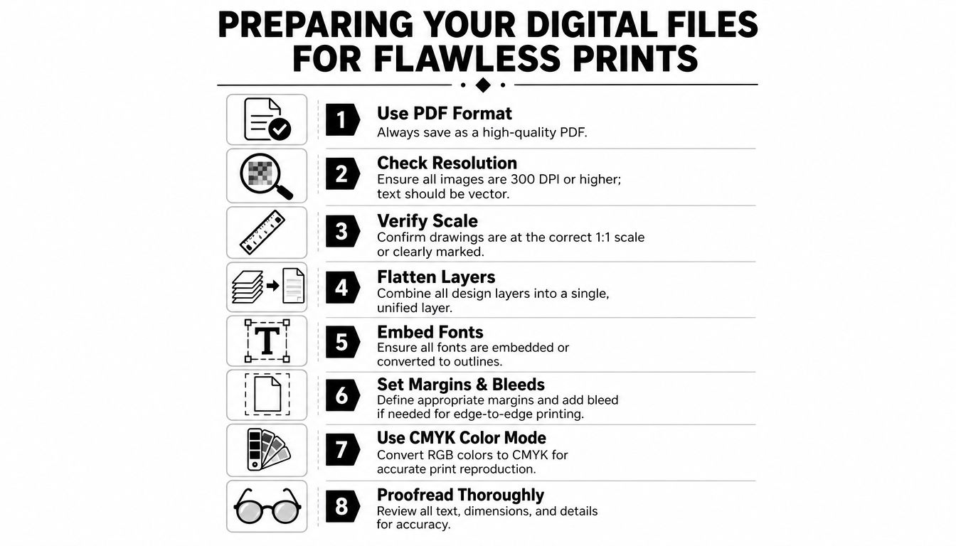 An infographic titled Preparing Your Digital Files for Flawless Prints with eight numbered steps for document preparation.