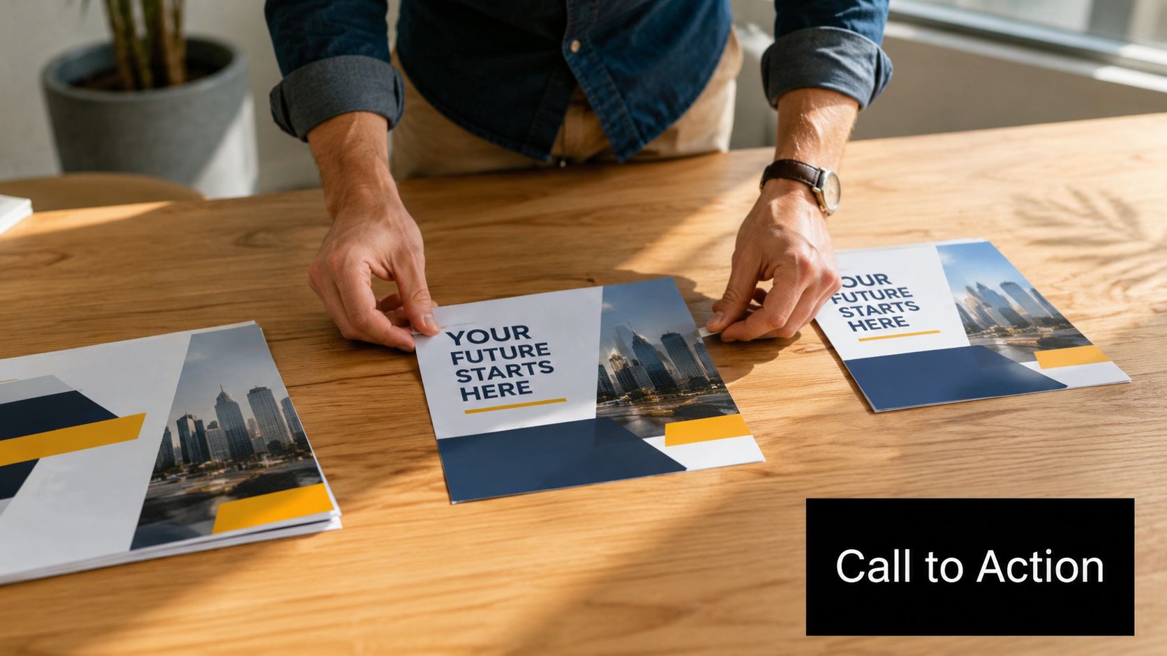 A person organizing professional business flyer designs with a modern city skyline printed on a wooden desk.