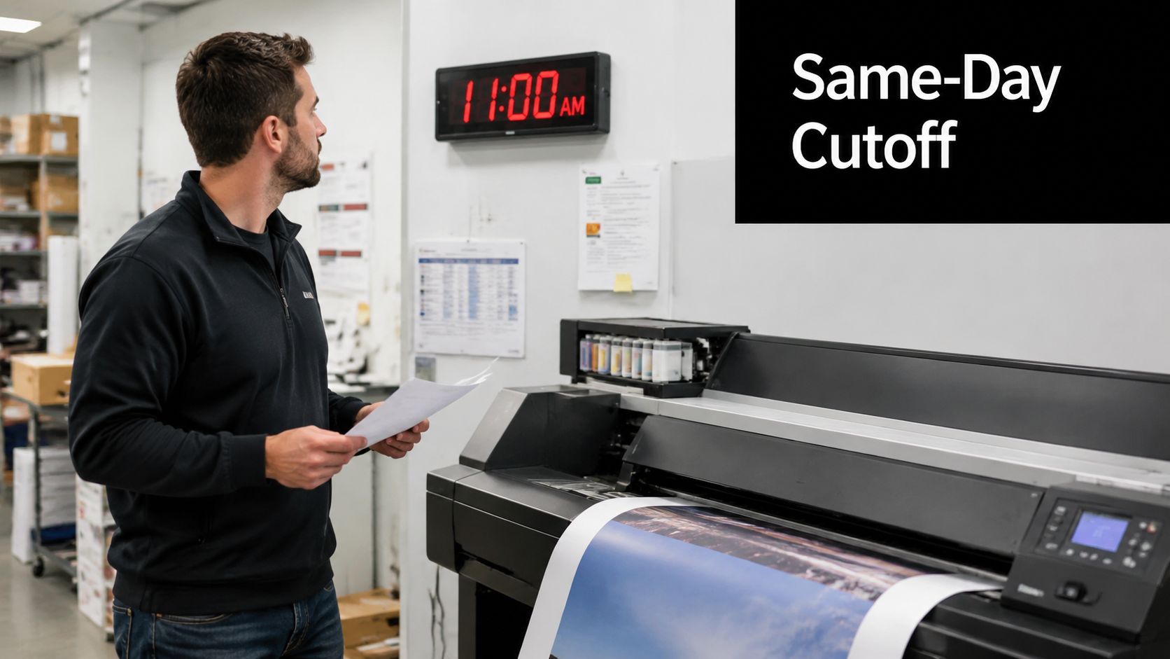 A man in a warehouse environment looking at a wall clock beside a large format printer.