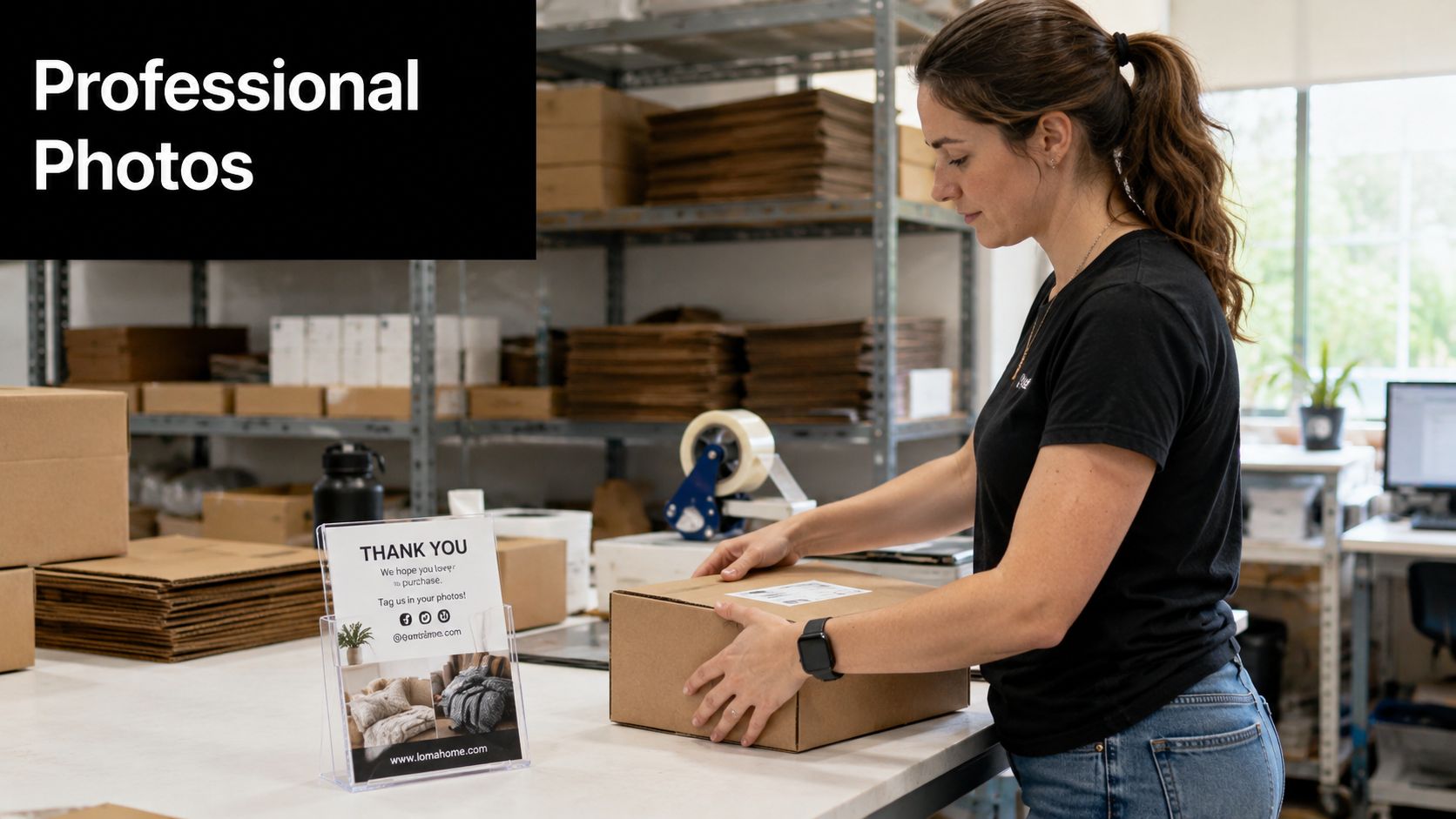A warehouse employee sealing a cardboard shipping box next to a branded thank you card display.