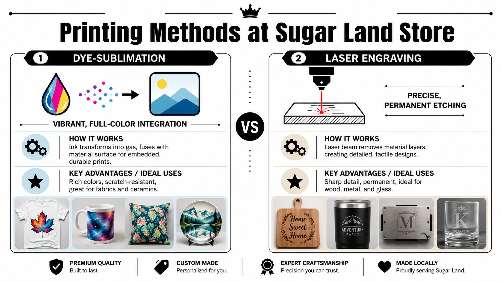 An infographic comparing dye-sublimation and laser engraving printing methods offered at the Sugar Land store.