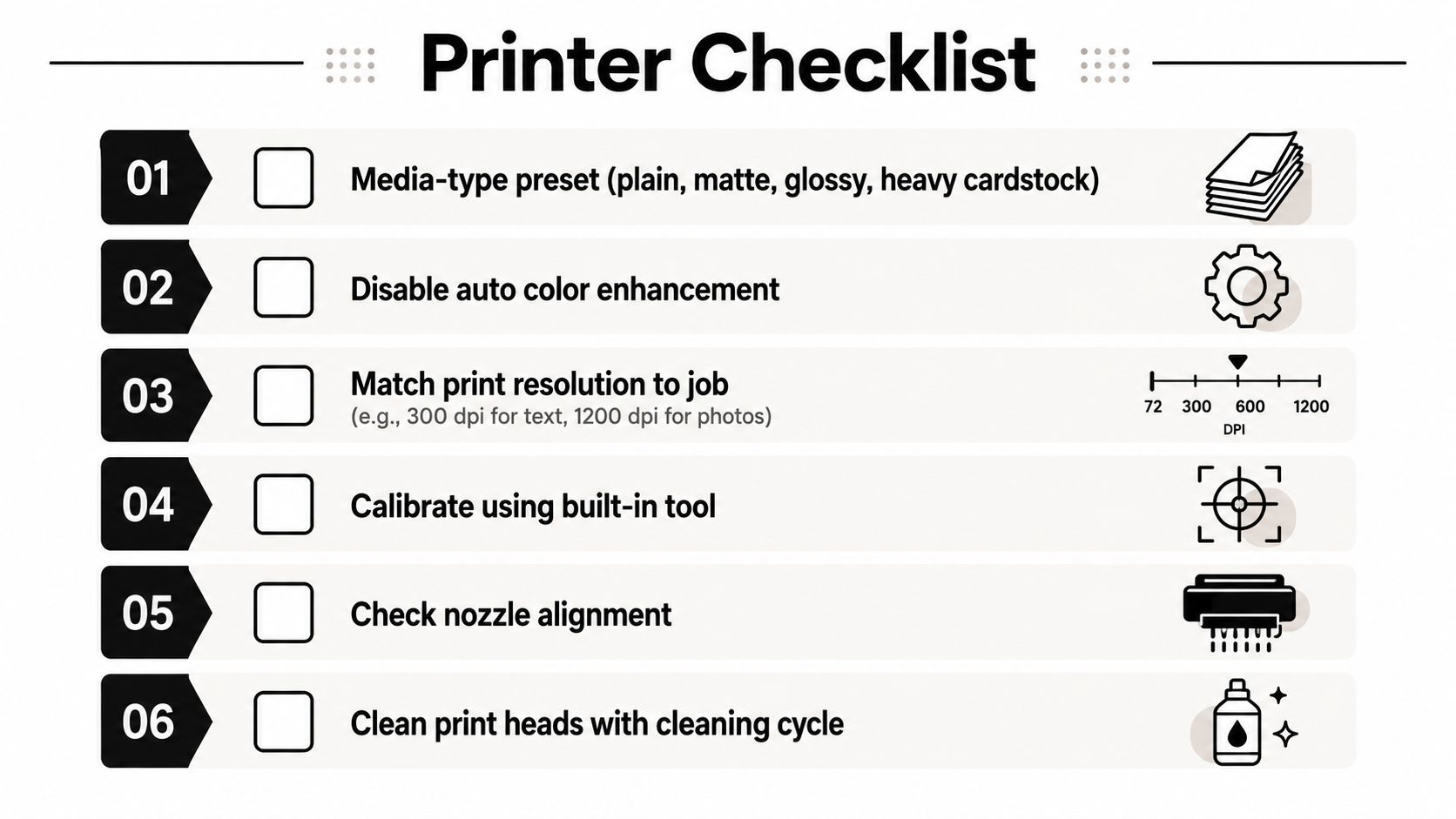 A Printer Checklist infographic illustrating six essential steps to optimize print quality and printer performance.