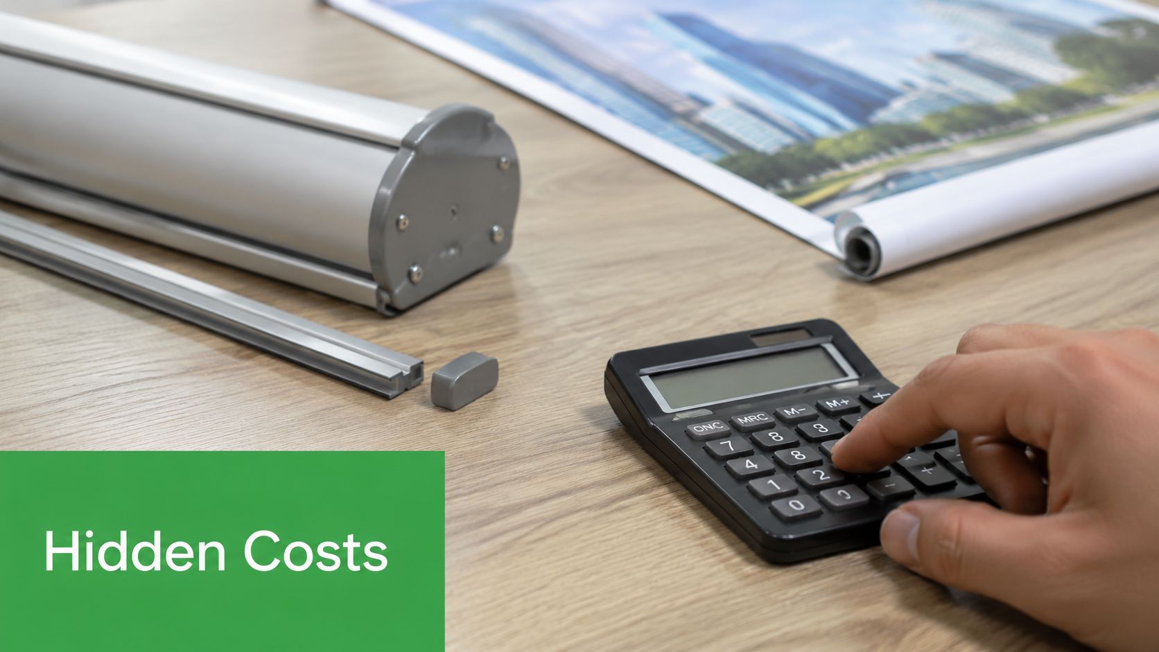 A hand using a calculator next to a portable trade show banner stand and a printed graphic.