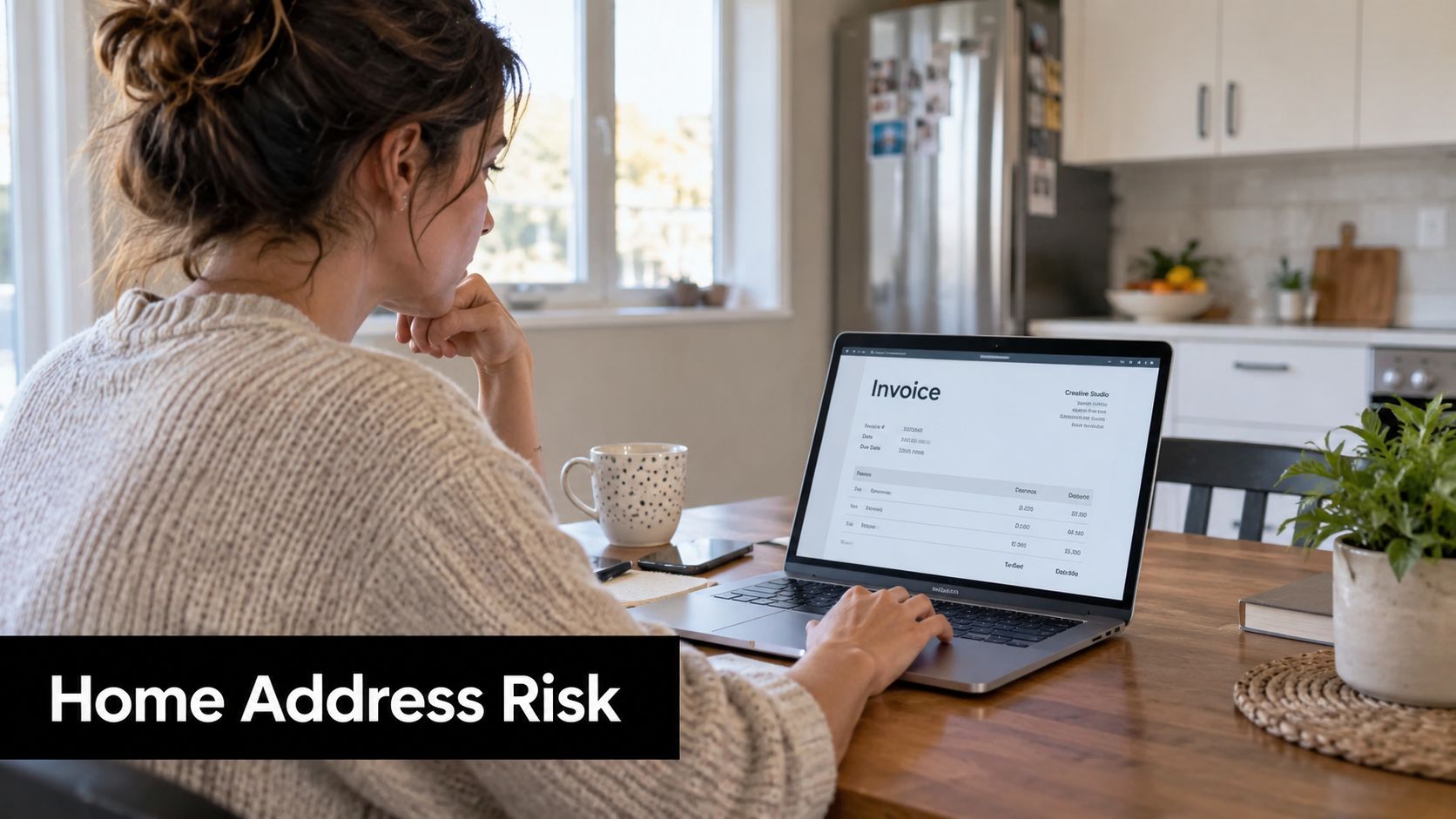 A woman working from her home kitchen on a laptop viewing an invoice while considering data security.