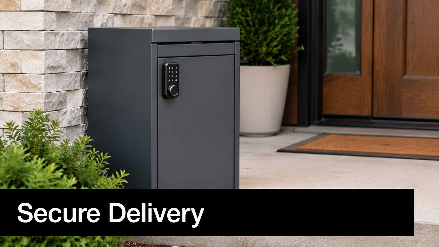 A secure metal package delivery box with a digital keypad located on a porch near a door.