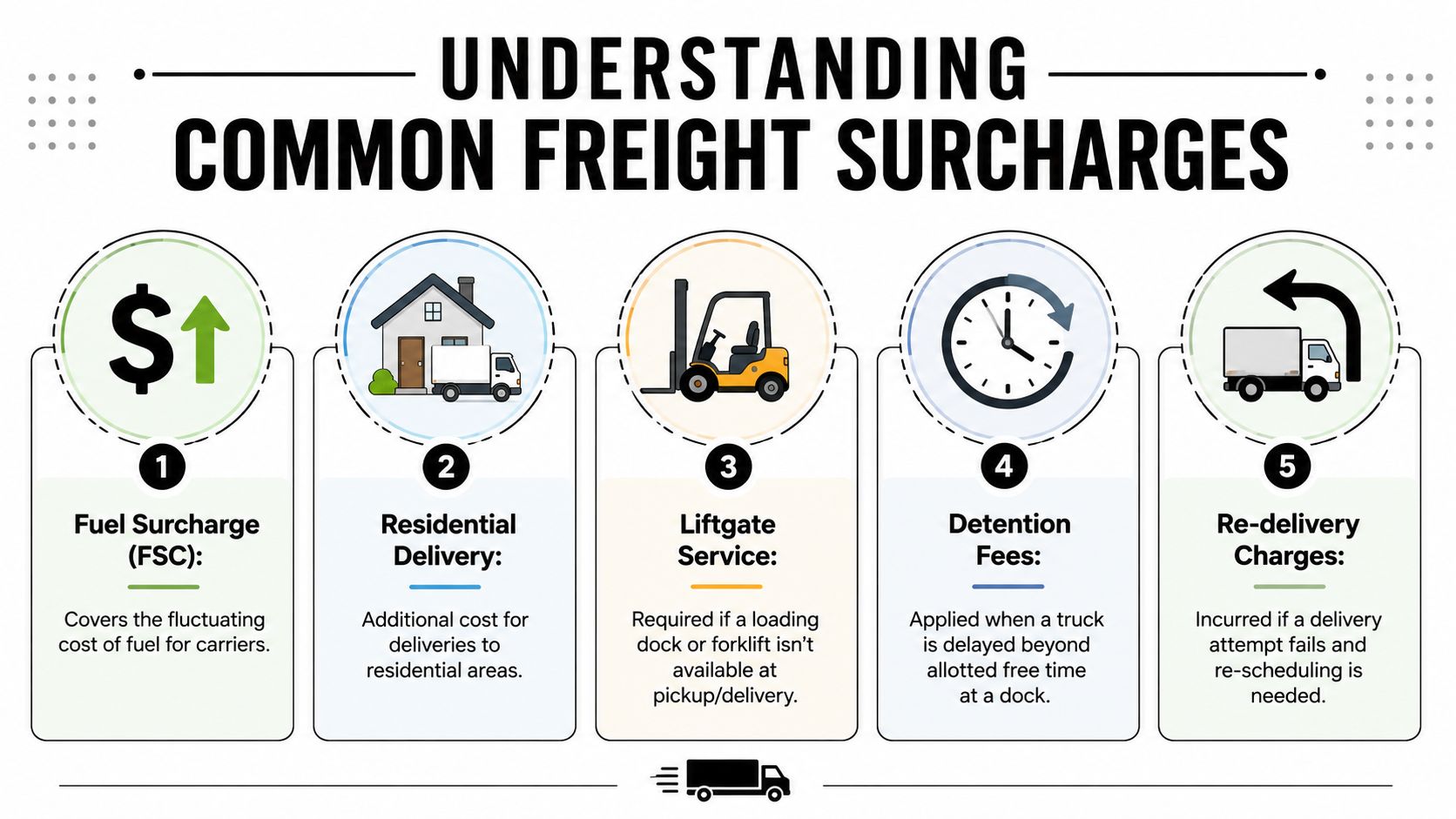 An infographic explaining five common types of freight shipping surcharges with icons and short descriptions.