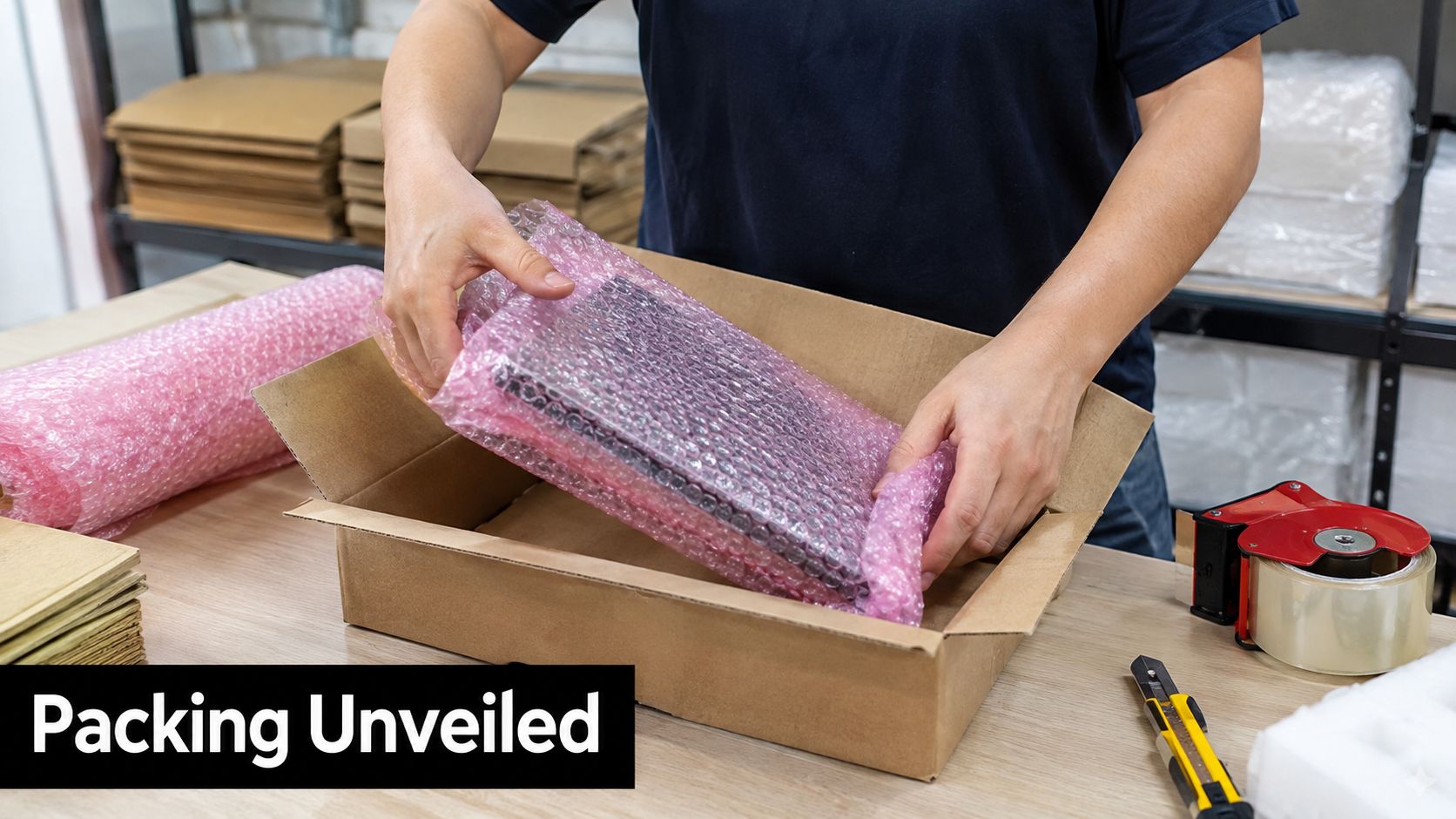 A person carefully places a bubble-wrapped item into a shipping box on a workspace table.