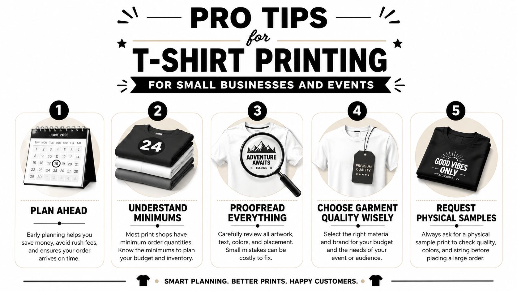 An infographic titled Pro Tips for T-Shirt Printing offering five essential steps for successful garment customization.