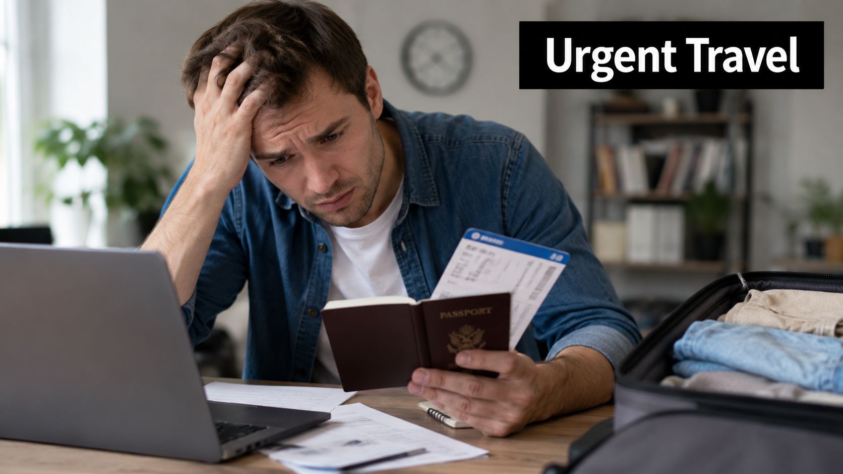 A stressed man looking at his passport and flight ticket while preparing for urgent travel.