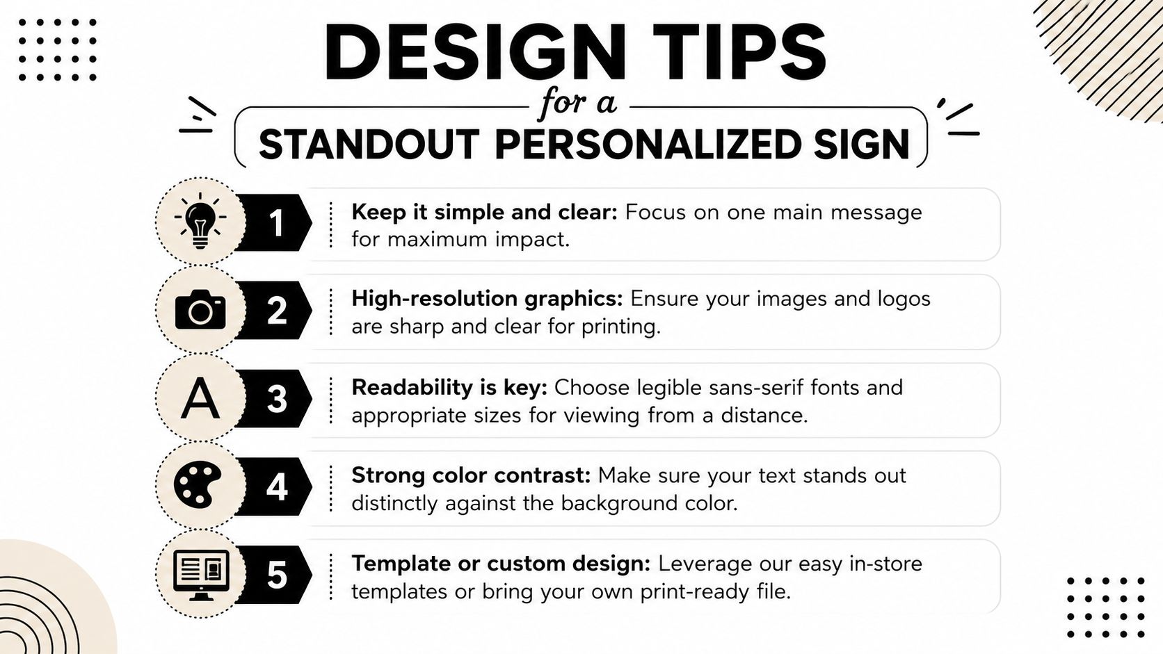 A design tip infographic for creating effective personalized signs featuring five essential tips for better visibility.