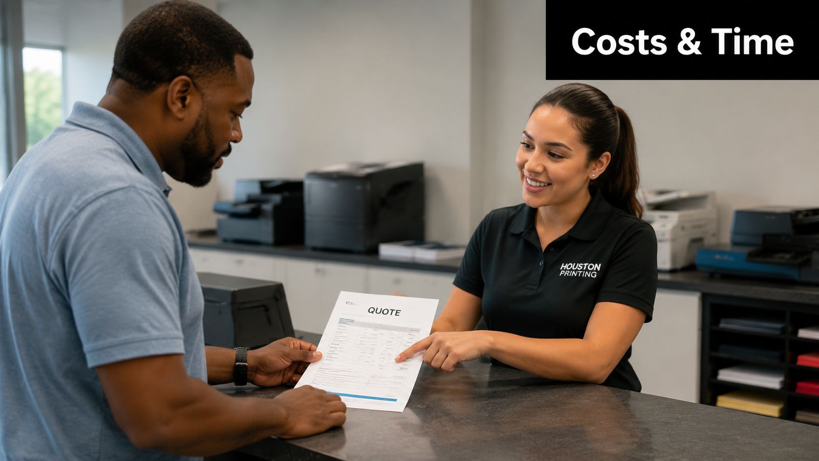 A professional woman at Houston Printing discussing a project quote with a male customer at a counter.