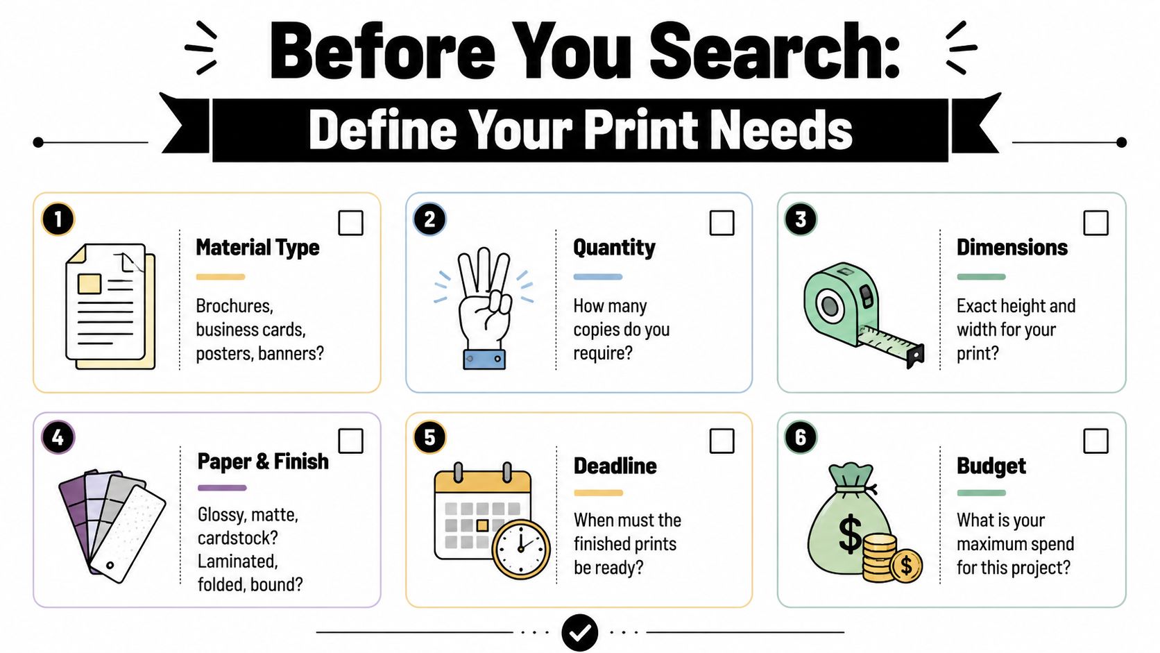 A helpful infographic titled Before You Search, listing six essential factors to consider before ordering custom printing.