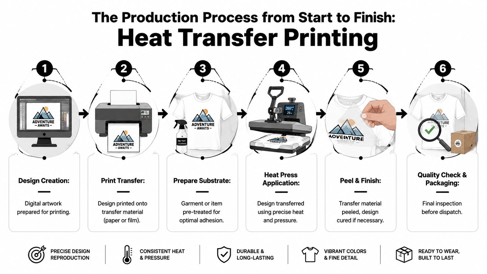 A step-by-step infographic illustrating the six stages of the professional heat transfer printing process on apparel.