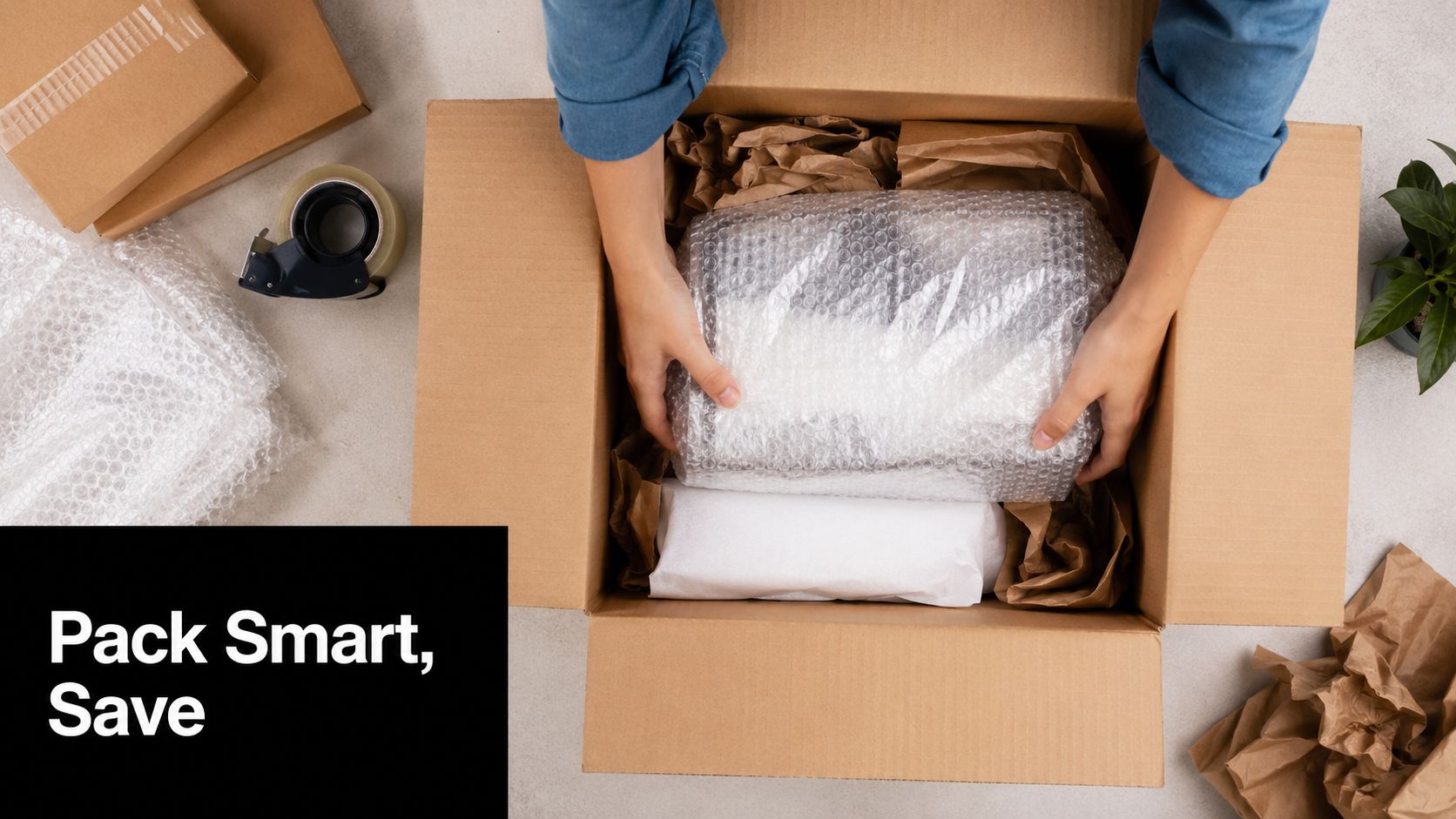 A person placing a bubble-wrapped package inside a cardboard box for safe shipping and mailing purposes.