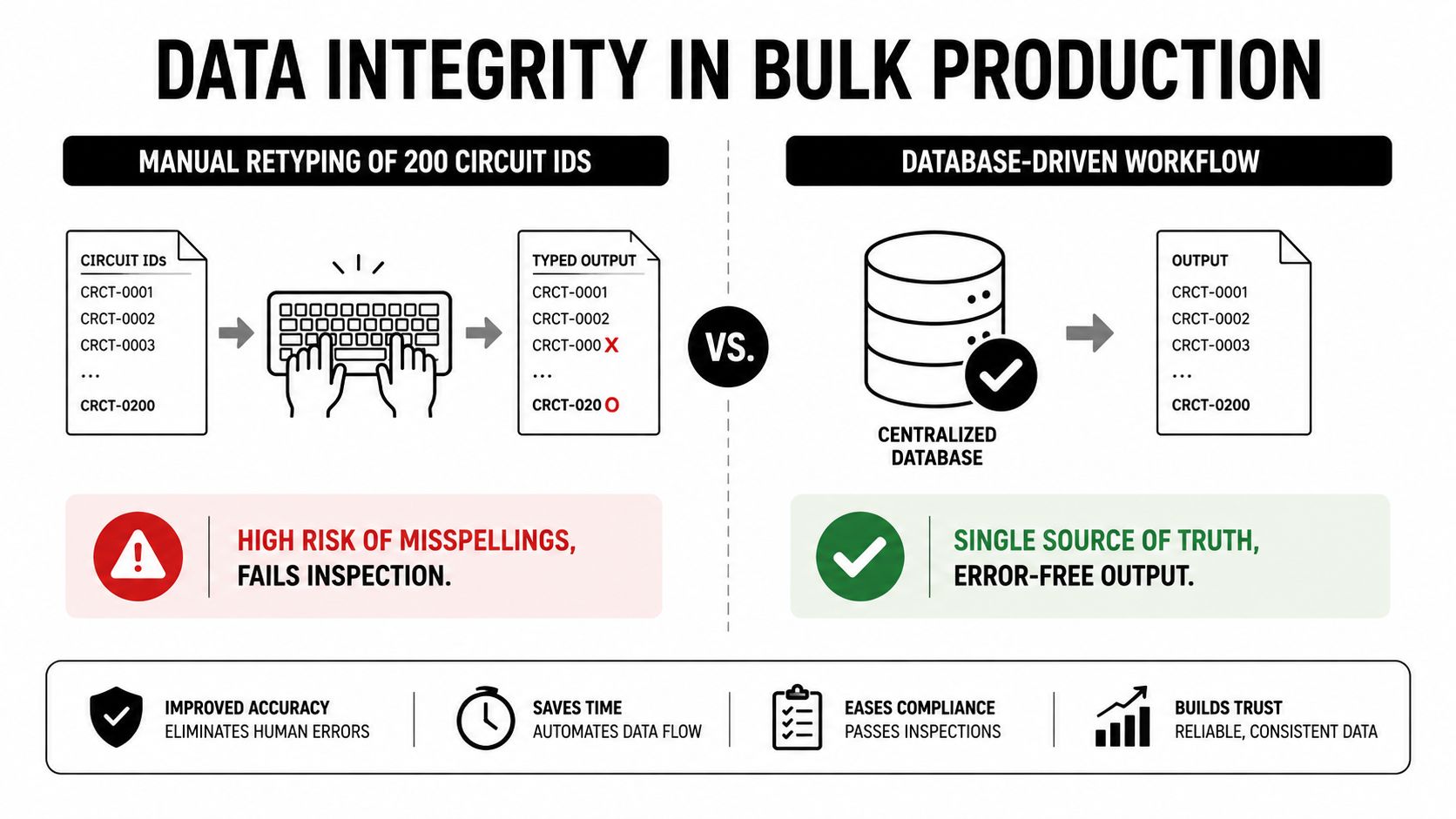 An infographic showing the benefits of a database-driven workflow over manual retyping for circuit ID production.