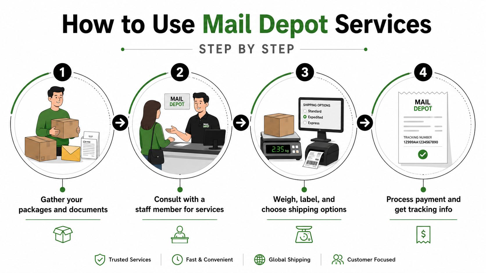 An infographic showing a four-step process for using Mail Depot services to ship packages and documents.
