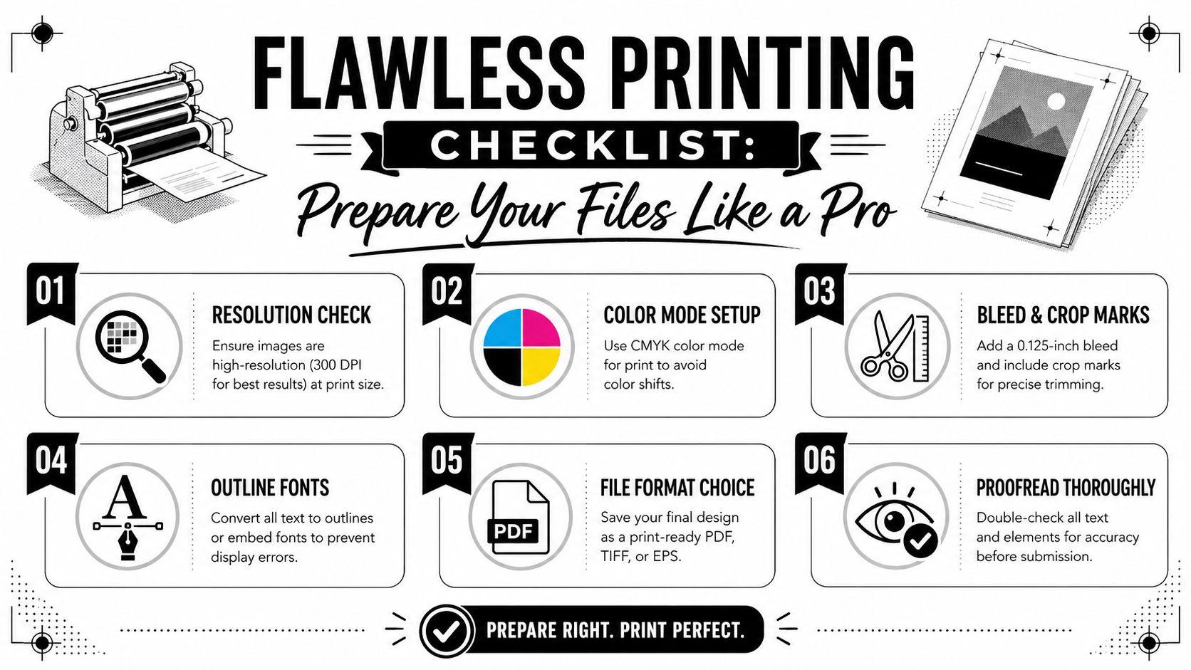 A professional checklist infographic detailing six essential steps for preparing high-quality files for printing services.