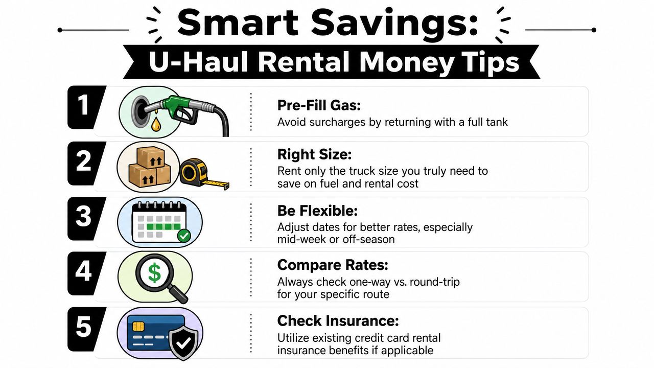 A helpful infographic showing five money-saving tips for renting a U-Haul moving truck or van.