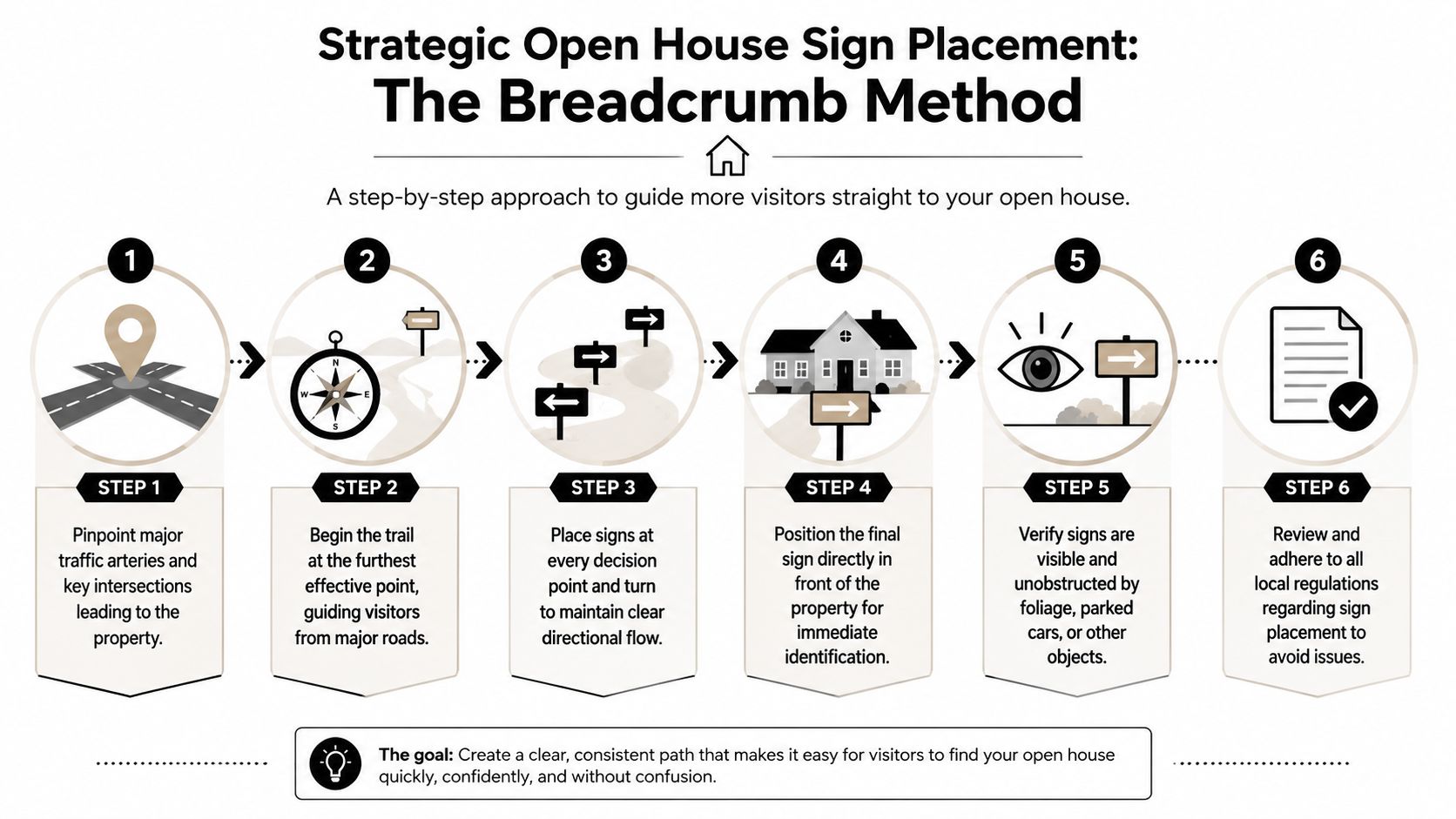 A six-step infographic guide explaining the breadcrumb method for strategic placement of real estate open house signs.