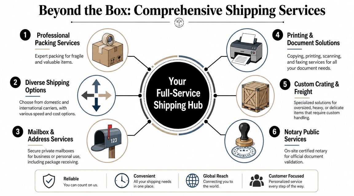 An infographic titled Beyond the Box illustrating six comprehensive professional shipping and business services offered.