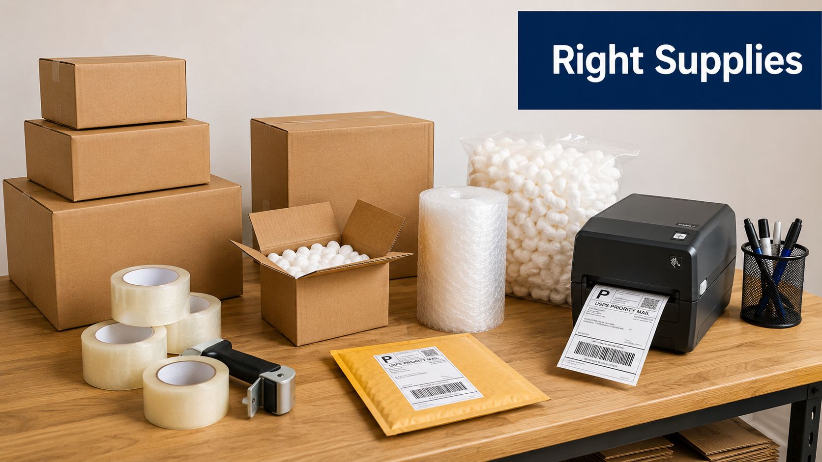 An array of essential shipping supplies including cardboard boxes, packing tape, bubble wrap, and a thermal label printer.