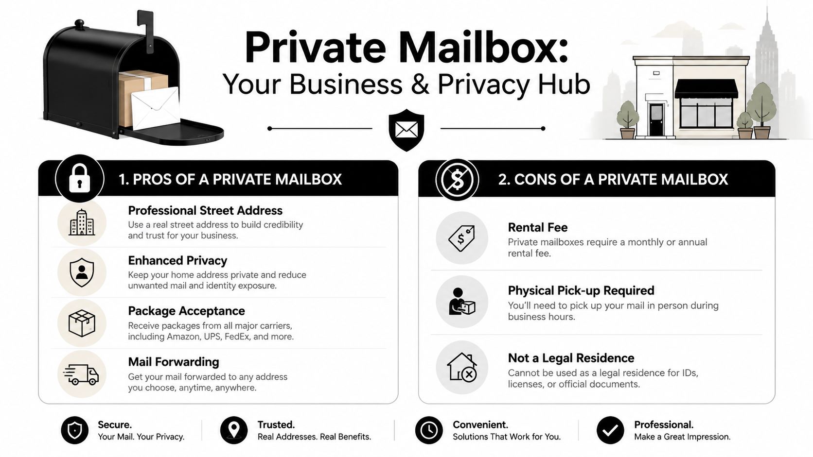 An infographic comparing the pros and cons of using a private mailbox service for business and privacy.
