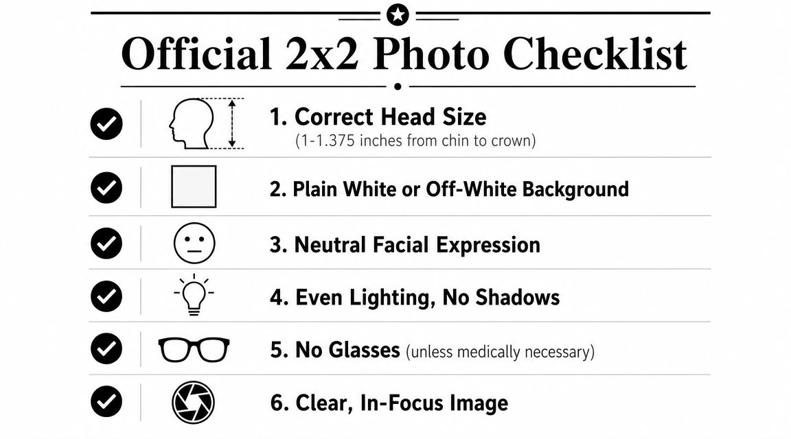 A checklist illustrating the six official requirements for a valid 2x2 passport or visa identification photo.