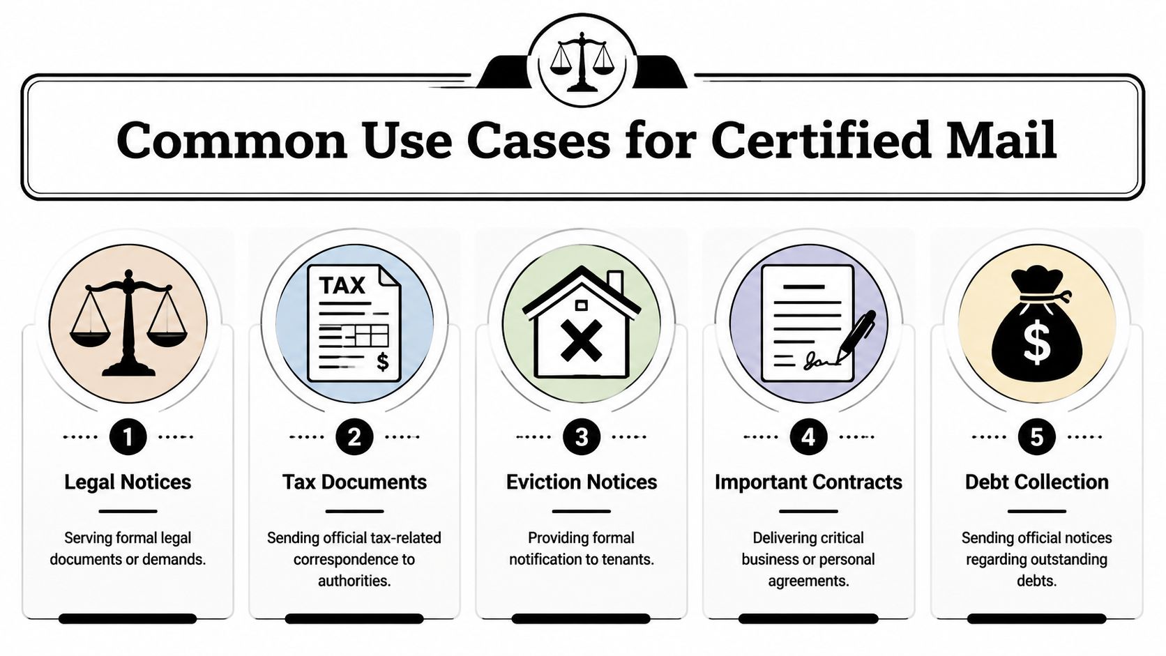An infographic detailing five common use cases for sending certified mail, including legal, tax, and eviction notices.