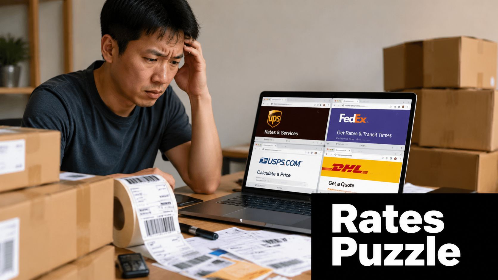 A stressed man comparing shipping rates from UPS, FedEx, USPS, and DHL on his laptop at home.