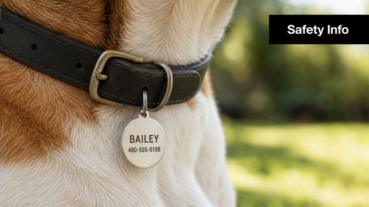 A close up view of a brown and white dog wearing a black leather collar with an identification tag.